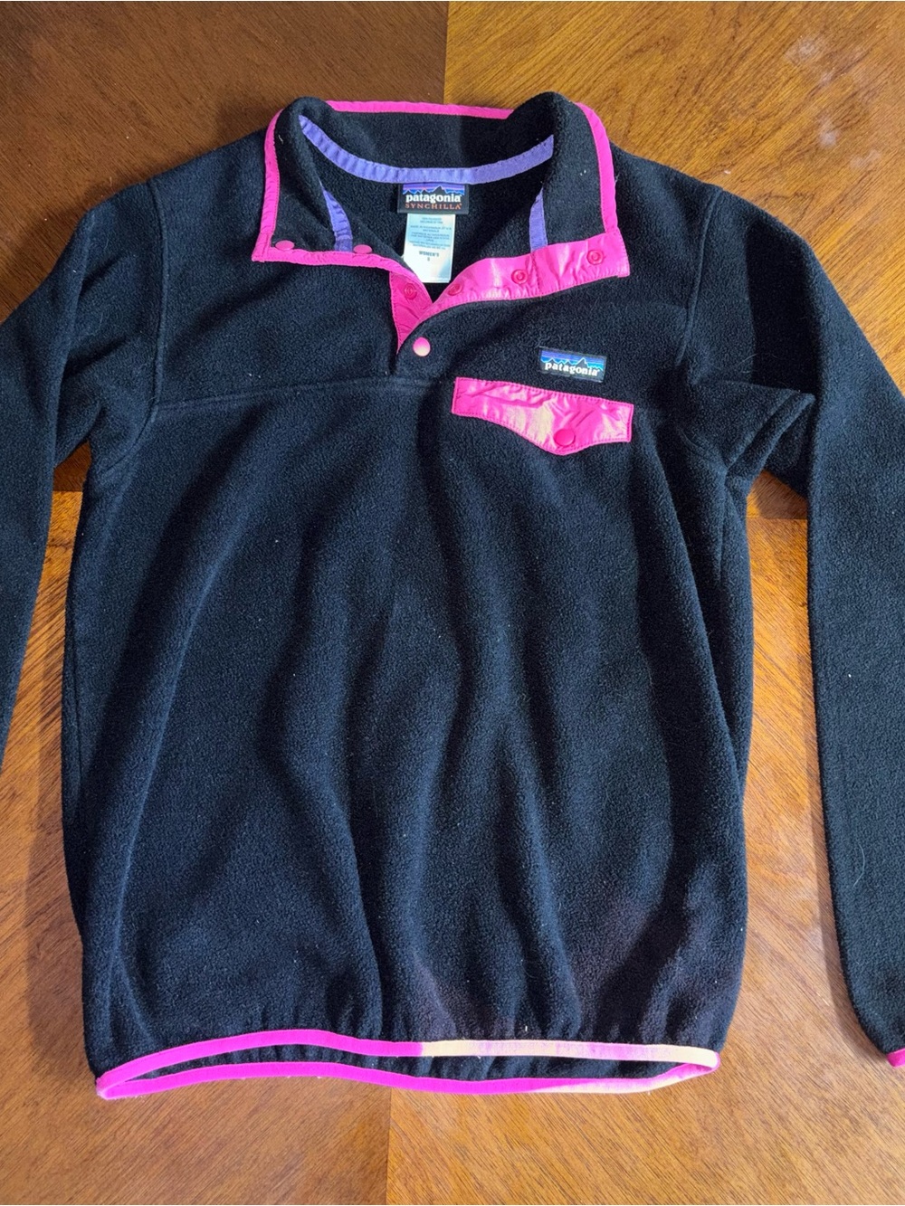 Patagonia Black Fleece Pullover with Hot Pink Trim